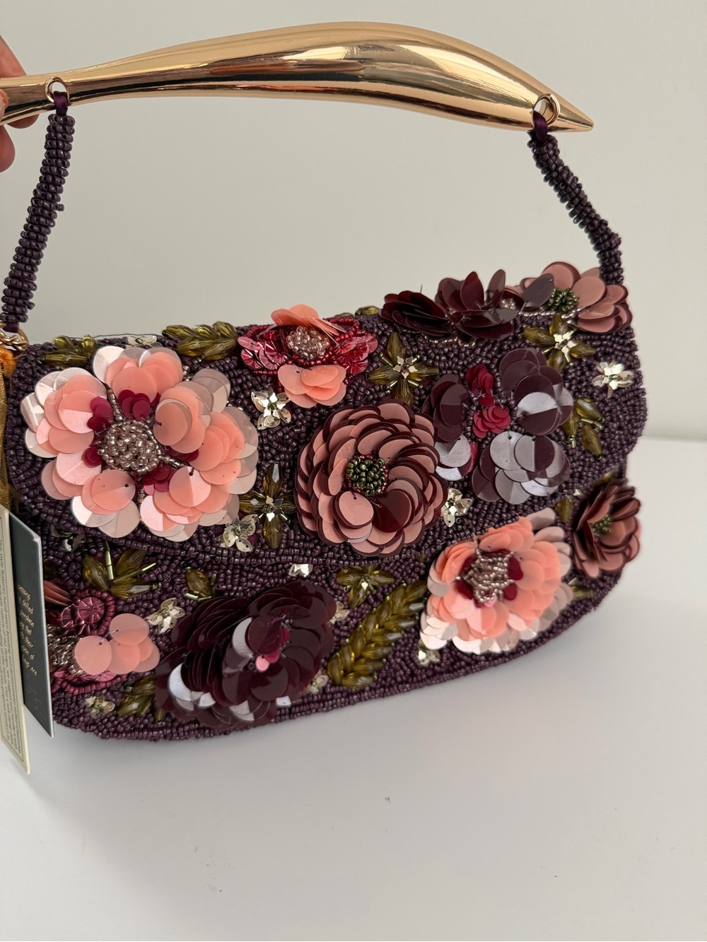 Embellished Floral Beaded Shoulder Bag in Plum and Blush
